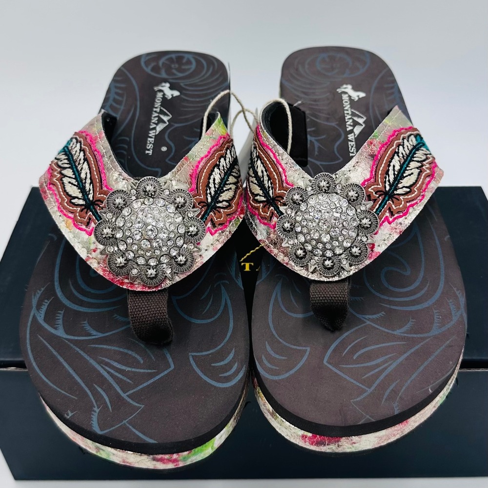 Montana West Flip Flops Womens 11 Brown Embroidered Feather Rhinestone Wedge NEW
